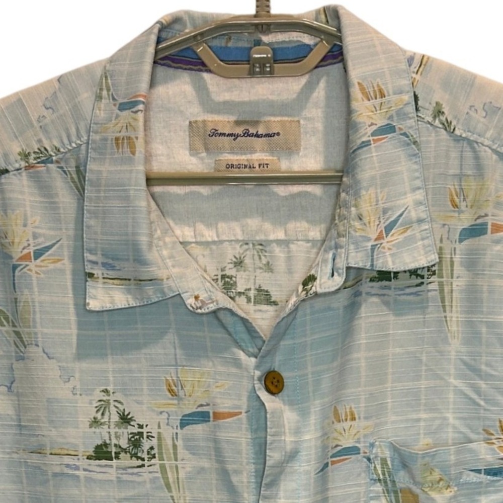 Tommy Bahama Shirt XXL Mens Light Blue Silk Cotton Tropical Bird of Paradise
